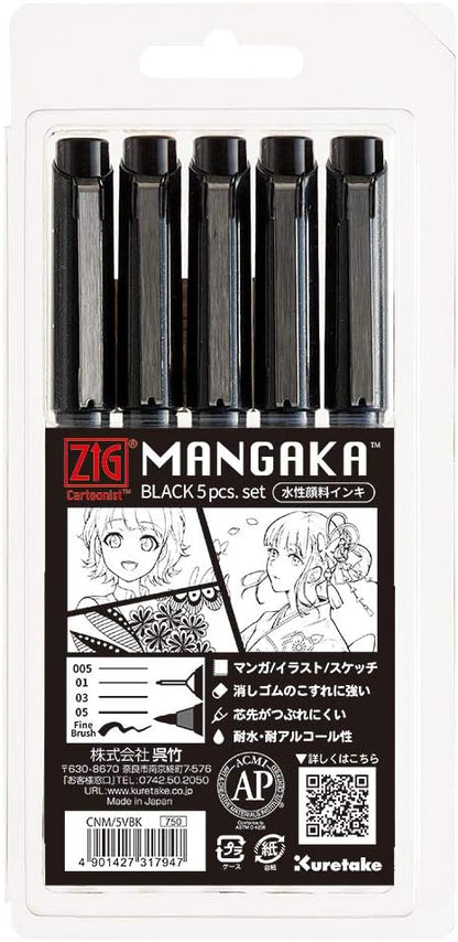 Kuretake ZIG Cartoonist MANGAKA Outline Pen - Black, 5-Piece Assorted Set (AP Certified)