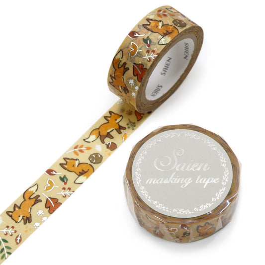 SAIEN Washi Tape Fox and Fallen Leaves Silver Foil 15mm x 7m